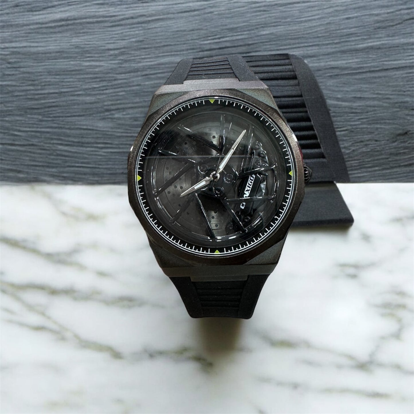 Chaxigo Men Rotation Dial Watch Wheel Reloj Male Luxury Man Silicone Strap Sports Clock Rotate Rim Hub Design Wristwatch