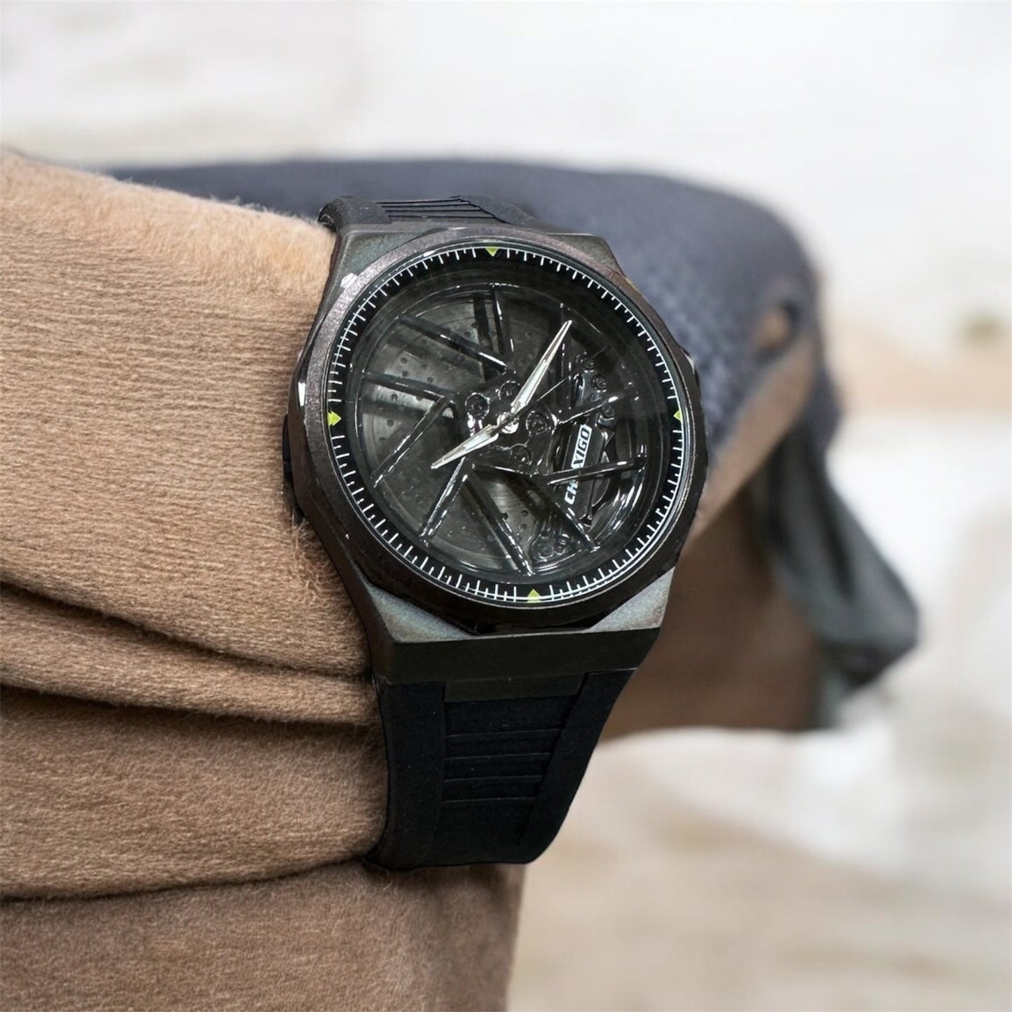 Chaxigo Men Rotation Dial Watch Wheel Reloj Male Luxury Man Silicone Strap Sports Clock Rotate Rim Hub Design Wristwatch