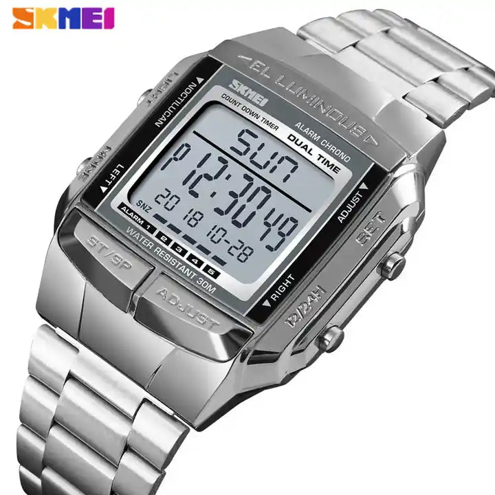 Skmei Men's Digital Sport's Watches Stainless Steel Strap 5 Alarm Clock Waterproof Led Chronograph Fashion Male Dual Time