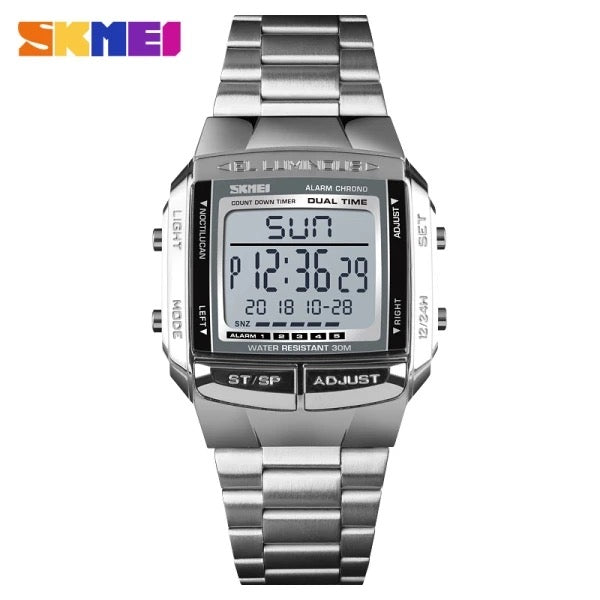 Skmei Men's Digital Sport's Watches Stainless Steel Strap 5 Alarm Clock Waterproof Led Chronograph Fashion Male Dual Time