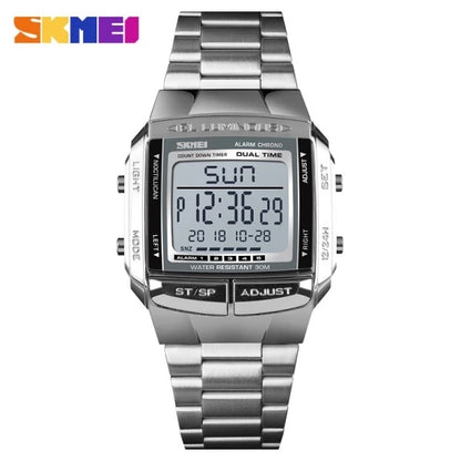 Skmei Men's Digital Sport's Watches Stainless Steel Strap 5 Alarm Clock Waterproof Led Chronograph Fashion Male Dual Time